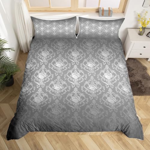 Homewish Grauer Damast Bettwäsche 135x200 Gothic Damast Floral Bettbezug Vintage Bettwäsche Set Jugendliche Bohemian Dekoration für Kinder und Teenager Erwachsene Bettset 1 Kissenbezug Zimmerdekor