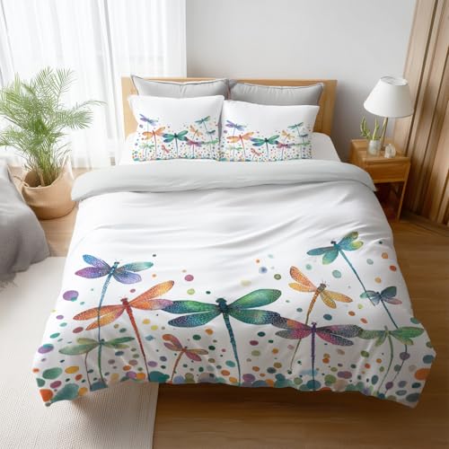 Generisch Bettwäsche-Sets Mehrfarbig 3 teilig Bettbezug 155 x 220 cm + 2 Kissenbezüge 80 x 80 cm, Insekten Punkte Libelle Petrol Gelb Wendebettwäsche mit Reißverschluss Bügelfrei und Weich