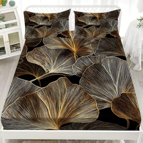 Erwachsener Bettlaken Set Spannbettlaken 160x200cm Gold 3D Weiches Spannbetttuch Atmungsaktiv Tiefe Tasche 30cm, Luxuspflanze Ginkgoblatt Bettwäsche für Boxspringbetten mit 2 Kissenbezügen 80x80cm