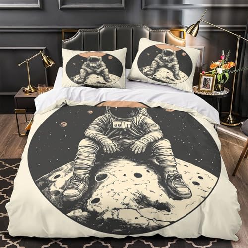 RWKAVZLOP Astronaut sitzt 3D Bedruckt Bettbezug 3teilig Mikrofaser hautfreundlich Weltraumforschung Deckenbezug 2 Kissenbezüge farbbeständig Erwachsene Paare Double?200x200cm?