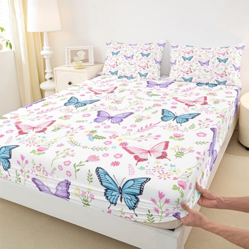 Bunter Schmetterling Einbaublech L Größe Daisy Blüten Blätter Botanisch Bettdeckung 2pcs Landhaus Natur Bettwäsche Set für Erwachsene