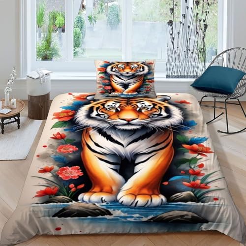 HOGDISAJD Tiger Bettwäsche Bunter Himmel 3D Gedruckt Weiche Bequemer Bettbezug Set 2 Teilig Mit Reißverschluss Und 50 X 75 cm Kissenbezug Kinder Bettwäsche Single?135x200cm?