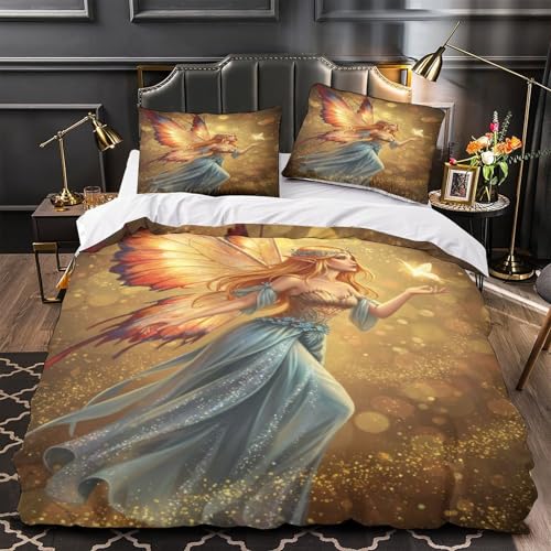 RJAVAGFZL Feenflügel leuchten 3D-Bedruckt 3er-Set Bettbezug Fantasy-Kunstillustration Kuschelbezug Mikrofaser Reißverschluss Hypoallergen für Kleinkinder Jugendliche Mädchen Single?140x200cm?
