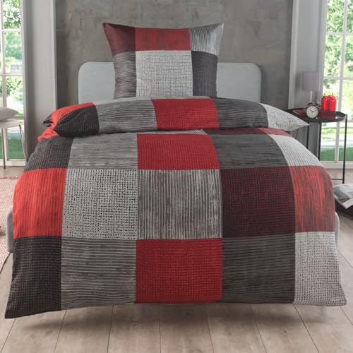 Kuscheli Bettwäsche 155x220 2 teilig - Mikrofaser Bettbezug 155x220 cm + Kissenbezug 80x80 cm - atmungsaktiver Stoff mit Reißverschluss - Einzelbett - modernes Karo Design Rot