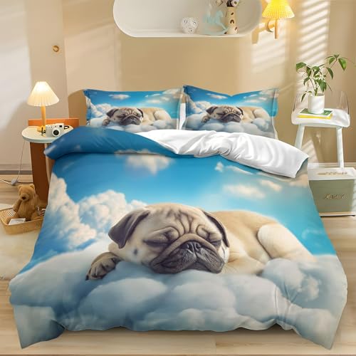 Bettwäsche Bettbezug 135x200cm Realismus Wolken Mops 3D Bettbezug Set Microfaser Weiche Flauschige Bettdeckenbezug mit Reißverschluss und 2 Kissenbezug 80x80cm