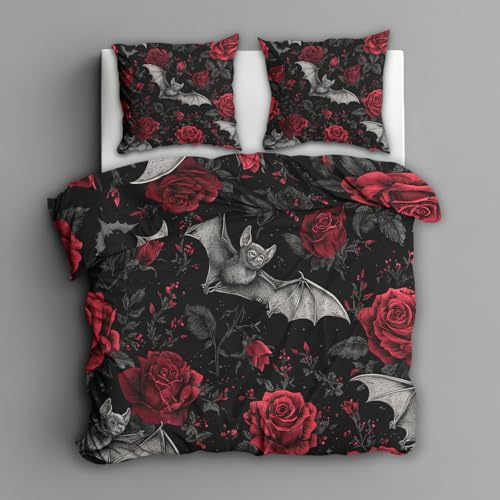 Generisch Bettwäsche Gothic Fledermaus 140x200, Rote Rosen Motiv Wendebettwäsche & Deko, Weiche Microfaser Bettbezug mit Reißverschluss und 1 Kissenbezug 70x90, 2tlg - ASD13592