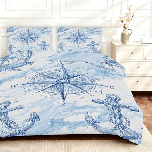 Generisch Bettwäsche 140x200 Navigation, Mikrofaser Bettbezug, Kompass Ankers Muster Schlafzimmer Deko, Weich Bügelfrei Bettwäsche-Sets 3Teilig mit Reißverschluss und 2 Kissenbezüge 80x80 (3Mm232)