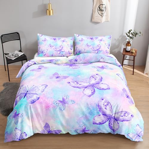 HOSIMA Bettwäscheset mit Schmetterlingen,200 x 200 cm,Lila -Schmetterlingsmuster,Bet twäsche-Set,1 Bettbezug,2 Kissenbezug,mit Reißverschluss,geeignet für Mädchen,Jugendliche und Erwachsene