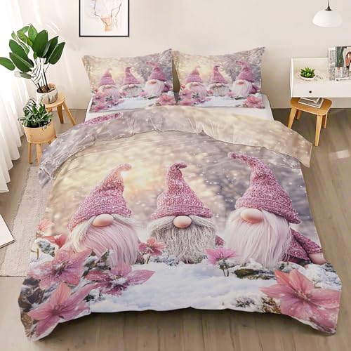 Generisch Bettwäsche 135x200 2 Teilig Zwerge, Winterschneeszene Wendebettwäsche, Blumen Zwerge Bettbezug Microfaser mit 1 Kissenbezug und Reißverschluss