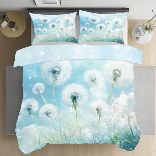 Kioldoq Löwenzahn Pflanzen Deckenbezug 135x200cm, Pusteblume Botanisch Bettwäsche 3 Teilig, Modern Einfache Bettwäsche Mit Reißverschluss, Bedding Microfaser, Wendebettwäsche, 2 Kissenbezug 80x80