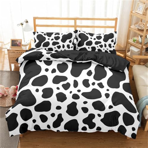 Tomifine 3 Teilig Kuh Bettwäsche mit Kuhflecken Mikrofaser Bettwäsche-Sets Kuhmuster Bettbezug mit 2 Kissenbezug für Kinder (135x200cm+80x80cmx2,Wei� � Schwarz)