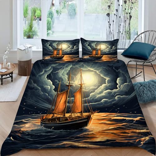 MAQUE Segelboot BettwäSche Set maritim BettwäSche 135x200, WendebettwäSche und Kissenbezug 80x80, Weiche & Angenehme & Atmungsaktive Mikrofaser BettwäSche Sets ReißVerschluss