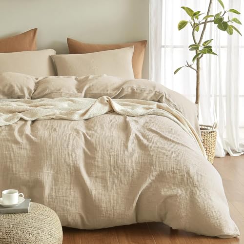 Boqingzhu Doppelte Musselin Bettwäsche Beige 135x200cm Baumwolle Weich Kuschelig Sommer Baumwollbettwäsche Set Leinen Bettbezug 135x200cm und Kissenbezug 80x80cm mit Reißverschluss