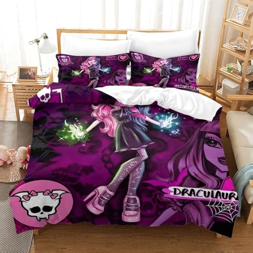 Monster High Für Kinder Mädchen Jungen Bettbezug Set 3D Gedruckter Animierte Figuren Bettwäschegarnitur Weich Microfaser Und Kissenbezüge Reissverschluss Bettwäsche 3 Teilig Single?140x200cm?