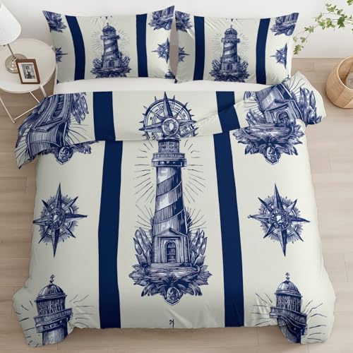 Bettwäsche Set 135 x 200 cm Nautisches Thema Leuchtturm 2 teilig Bettbezug Allergiker Weich Bügelfrei Microfaser für Kinder Teens, Bettbezug mit 1 Kissenbezüge 80x80 cm, Creme