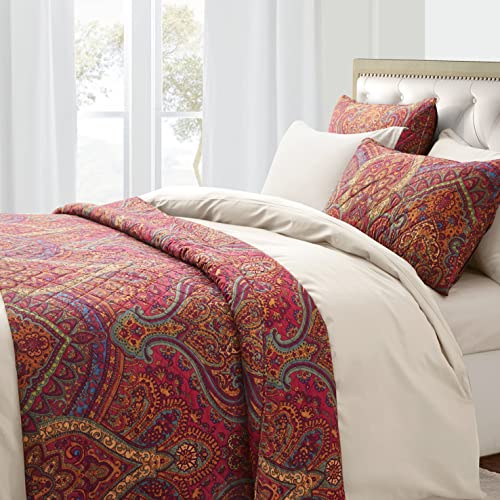 Boho Paisley Print Luxus Steppdecke und Kissenbezüge Bettwäsche-Set Bohemian Damast Medaillon 400TC Ägyptische Baumwolle Satin Decke Bothe Ruby Spanish Red (Ruby Red, Queen)