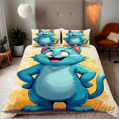 Zbeiba Cartoon Blaue Katze Bettwäsche 135x200,Kinder Mikrofaser Bettbezug mit Reißverschluss und 2 Kissenbezüge(135x200+2 * 80x80,#2