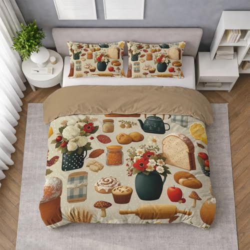 Generisch Landhausstil Bettwäsche Set 140 x 200 cm, Hochwertiges Mikrofaser Luxus Bettbezug mit Kissenbezug, Pflegeleicht Atmungsaktiv kuschelig Bettwäsche-Set (Bäckerei Blumen Gemütlich Muster)