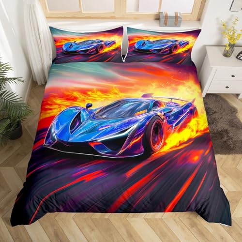 Homemissing Kinder Junge Bettwäsche Set 155x220cm Sportwagen Teenager Bettwäsche-Set Rennwagen Bettbezug Atmungsaktiv Extreme Sport Thema Betten Blau Gelb