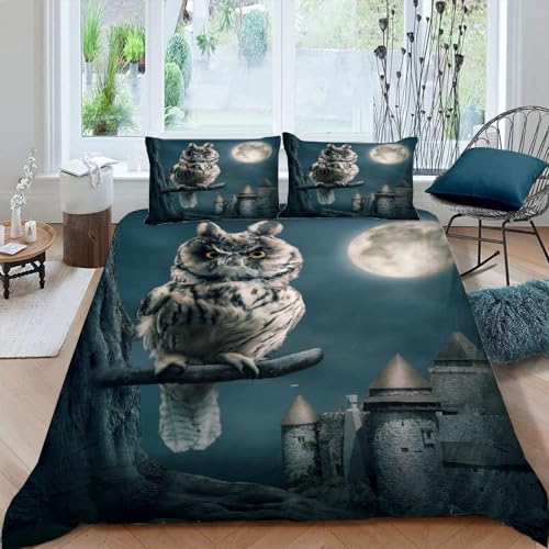 Qingsuo Bettwäsche 135x200 Eule 3D Effekt Bettwäsche-Set, Kopfkissenbezug 80 x 80 cm, Schloss Bettbezug 135 x 200 cm, Mit leichtläufigem Reißverschluss,Für Jungen und Mädchen