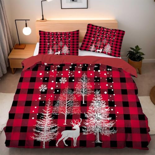 Rot Kariert Bettwäsche 155x220 Weihnachten Bettwäsche Set, 3D Bettbezug Set Weich Microfaser Bettbezüge 3 Teilig Rot Wendebettwäsche für Doppelbett, mit 2 Kissenbezüge m183