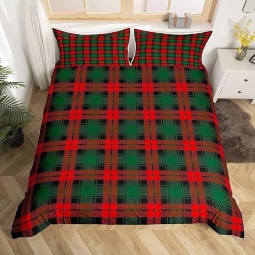 Pechiwuo Weihnachten Bettwäsche 135x200 Weich Kuschelige Mikrofaser 3D Druck Grün Rot Kariert Bettwäsche-Sets Bettbezug und 2 Kissenbezug 80x80 cm mit Reißverschluss A5587