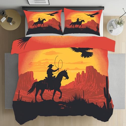Kntnshac Traditionell Western Stil Bettwäsche 135x200 Western Cowboy Pferd Adler Microfaser Wendebettwäsche Bettwäsche-Set Teenager mit Reißverschluss?Enthält 1 Bettbezug und 2 Kissenbezug 80x80 cm