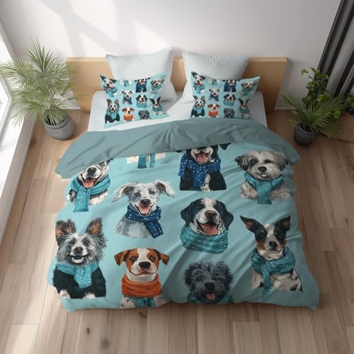 Türkis Schwarz Bettwäsche Set (200 x 220) - Flauschige Hell Bettwäsche - Atmungsaktiv Warm Hautfreundlich – Weiche Bettwäsche - Mit Reißverschluss - Illustration Hund Schal Bezaubernd