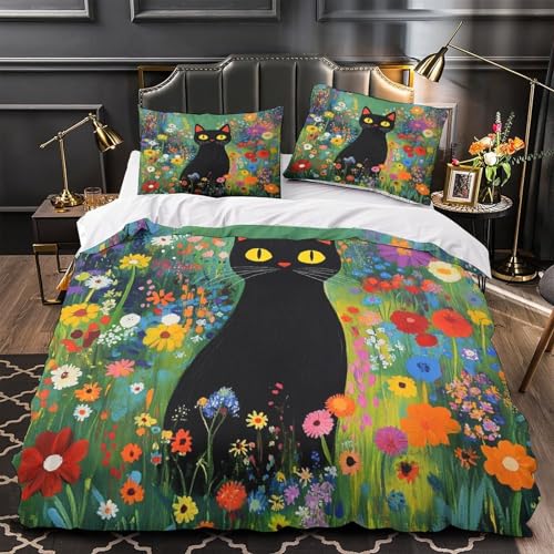 VOXYTMLWG Schwarz Katze Mikrofaser Weich 3D Gedruckt Stylized Animal Bettbezug Bettwäsche 3 Teilig mit Reißverschluss for Erwachsene,Frauen,Mädche n,Kinder Single?135x200cm?
