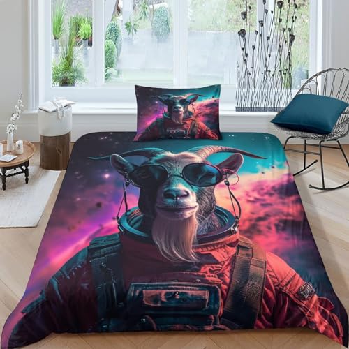 WXMMoney Bettbezug-Set mit Astronauten-Ziegen-Motiv, warm, seidig, Bettbezug, Bettwäsche-Set für Kinder, Teenager, Jungen, Mädchen, Raumdekoration, Bettbezug, Einzelbett (135 x 200 cm)