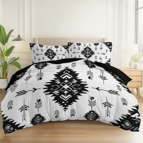 Wendbarer Bettbezug 3-teilig 135 x 200 cm Weiche Mikrofaser Minimalistische Aztekische Pfeile Bettwäsche mit Reißverschluss, Eckbändern & 2 Kissenbezügen für Jungen & Mädchen Schwarz