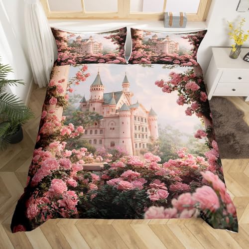 feelingyou Prinzessin-Stil Kinder Bettdecke M Größe Gorgeous Dreamy Castle Drucken Troster Abdeckung für Jungen Mädchen Romantische rosa Blumen Bettwäsche Set(1 Kissenbehälter)