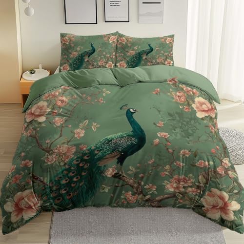 Wendebettwäsche Set 135 x 200 cm, Kuschelige Mikrofaser Bettwäsche mit Reißverschluss Bedruckt Orientalischer Stil Blumen Pfau, Atmungsaktiv für Erwachsene, Teenager Türkis