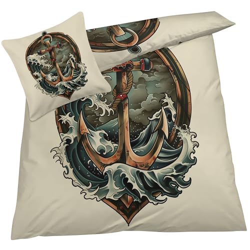 YELDAN Anker Bettwäsche 155x220 Sommer, Maritim Bettbezug 155x220 3er Set, Wendebettwäsche und Kissenbezug, Weiche & Atmungsaktive Mikrofaser Bettwäsche-Sets