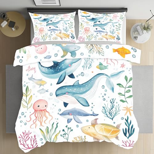 Kioldoq Wal Fisch Koralle Bettwäsche 135x200cm Meerestiere Karikatur Bettbezug Aus Microfaser, Oktopus Unterwasserwelt Bettwäsche Set Weich Wendebettwäsche Mit Reißverschluss 3er Set Und 2 Kissenbezug