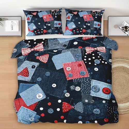 Generisch Bettwäsche 3 Teilig 140x200 Denim Patchwork, Rot Weiß Kariert Wendebettwäsche, Punkte Bettbezug Microfaser mit 1 Kissenbezug und Reißverschluss W163n