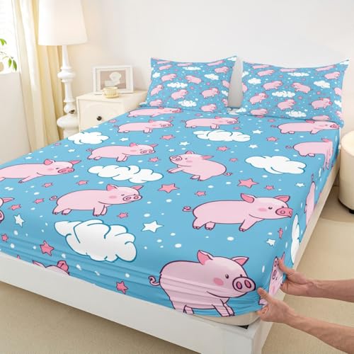 Schöne Schweine Einbaublech M Größe Pink Cartoon Tiermuster Bettdeckung 2pcs Schöne Wolke Schöne Sterne Punkte Drucken Bettwäsche Set