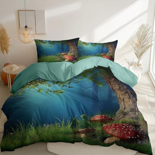 Bettbezug 135 x 200 cm Weiches Atmungsaktives 3-Teilig Fantasie Natur Wald Bettwäsche 100% Mikrofaser, Moderne Bettwäsche für Jugendliche, Erwachsene Hellblau