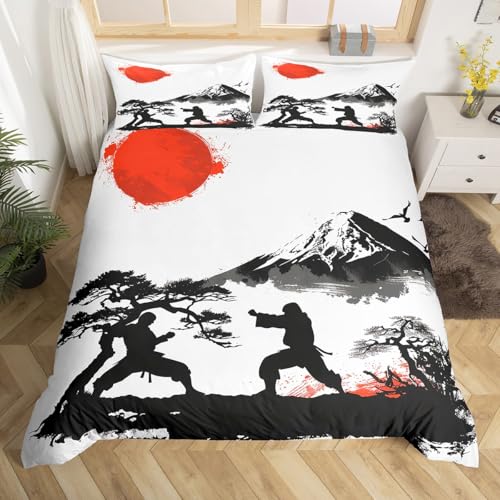 Homewish Taekwondo Bettwäsche Set 135x200 Karate Bettbezug für Jungen Mädchen Erwachsene Zen Kung Fu Samurai Japanischer Sport Tröster Abdeckung Warm Weich Bett Set