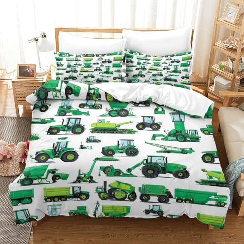 MXRMXR Grüner Traktor Set—Landmaschinen-Stil Bedrucktes Bettbezug-Set Mikrofaser Bettwäsche Für Erwachsene, Teenager & Kinder Mit Reißverschluss, 3-teilig Double?200x200cm?