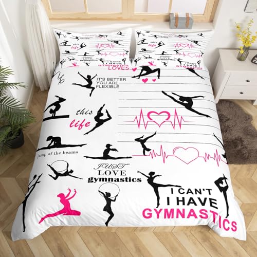 Gmnastics Mädchen Bettbezug Set S Größe,Gmnastics Liebhaber Bettwäsche Set Teens Kinder Frau Turner Raum Dekor,Sport Tanzen Tröster Abdeckung Mode Weiß Rosa Quilt Cover,1 Kissenbezug