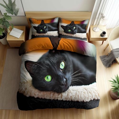 Bettwäsche Mehrfarbig 155 x 220 cm Tier Schwarze Katze HD Fotografie Bettbezug, 3teilig Flauschige Wende Winterbettwäsche Set mit Kissenbezug 80x80 cm - Atmungsaktiv, Warm & Hautfreundlich Deckenbezug