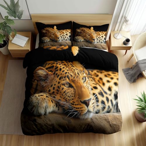 Srigzcaly Bettwäsche-Sets 135 x 200 cm 3teilig Tiere Bettbezug mit 2 Kissenbezug - HD Foto Leopard Deckenbezug mit Reißverschluss - Weiche Atmungsaktiv Wendebettwäsche für Kinder Teenager & Deko