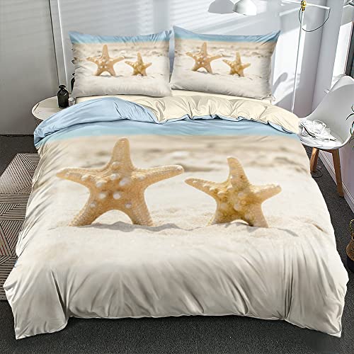 Luofanfei Bettwäsche Set 200x220 3D Beige Creme Blau Seestern Ozean Sandstrand Bettwäsche Set Mikrofaser Maritime Bettwäsche-Sets Bettbezüge für Kinder Jungen Mädchen