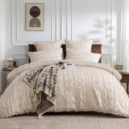 Luowei Boho Bettwäsche 135x200 cm Beige Shabby Chic Gewaschene Mikrofaser Bettwäsche Set Stickerei Landhausstil Getuftet Bettbezug mit Reißverschluss und 1 Kissenbezug 80x80cm