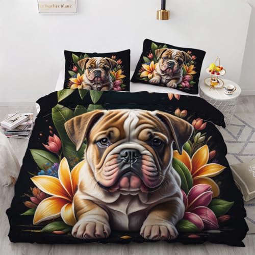 NYSMGS Bettwäsche 200x200 Mops Weich Bügelfrei Mikrofaser Bettbezug Hunde Blumen Muster Schlafzimmer Deko Bettwäsche-Sets mit Reißverschluss 2 Kissenbezug 80x80 1n65