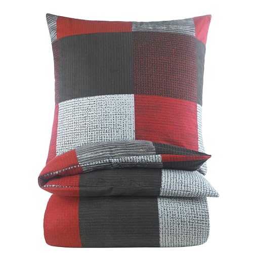 BaSaTex Feinbiber Winter Bettwäsche warme und kuschelige Bettgarnitur und Kissenbezug 155x220 + 80x80 cm | 100% Baumwolle | Karo - Anthrazit Rot