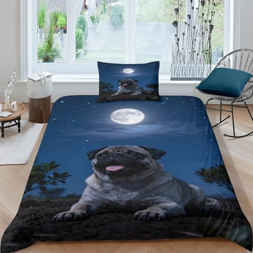 WXLWHR Mops Bettwäsche Set Microfaser Bettbezug Mit 3D Mondbeschienene Nacht-Motiv Mit Reißverschluss & Kopfkissenbezug Für Jugendliche Und Erwachsene Single?135x200cm?