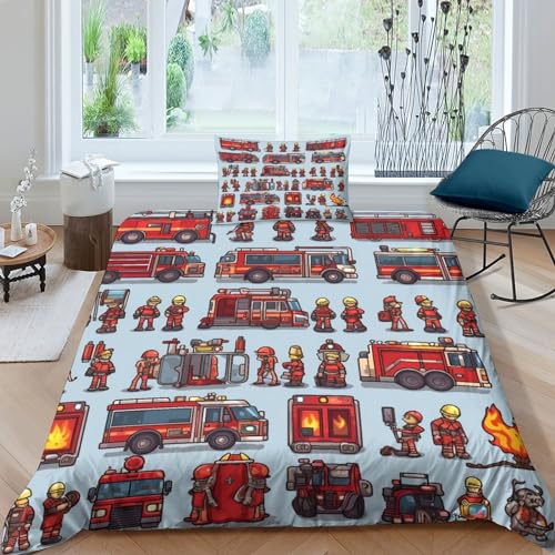 MEFESE Feuerwehr-Werkzeuge,Bettb ezug-Set,3D-Druck,Bettbez ug-Sets,Bettwäsche-Set beinhaltet Bettbezug und 2 Kissenbezüge,3-teiliges Set für Einzelbett