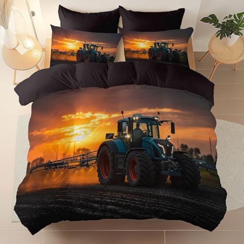 Bettbezug 200 x 200 cm, Mehrfarbig Moderne Fotografie Ackerland Traktor Bettwäsche, Wende Microfaser bettwäsche für Jungen Mädchen Bettbezug mit 2 Kissenbezügen - Kinder & Teenager Geschenk